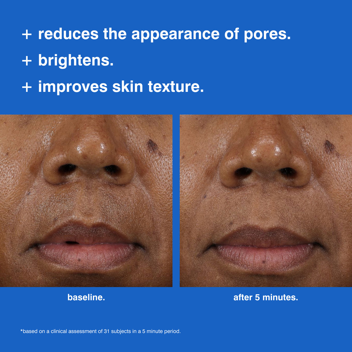 foaming reset mask infographic. reduces the appearance of pores. brightens. improves skin texture.
