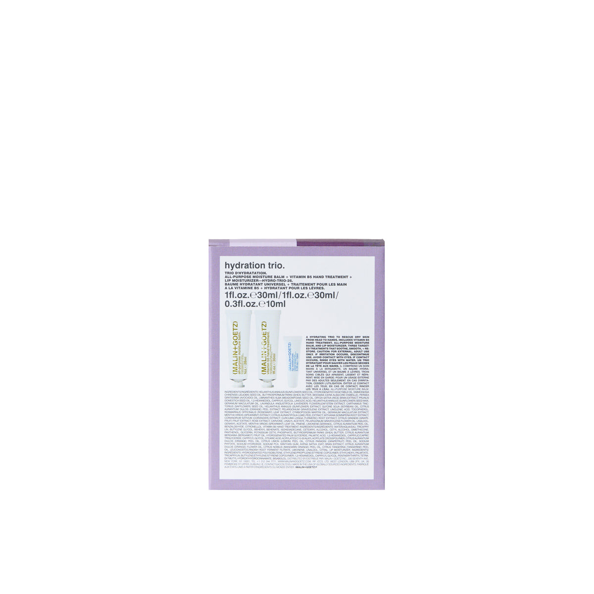 holiday hydration trio gift set. includes all-purpose moisture balm. 1 fl. oz. / 30ml, vitamin b5 hand treatment. 1 fl. oz. / 30 ml, and lip moisturizer. 0.3 fl. oz. / 10 ml