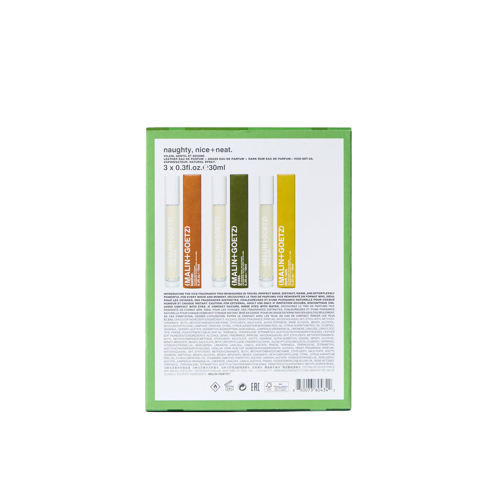 naughty, nice and neat holiday set includes leather eau de parfum. 0.33 fl. oz. / 10ml, grass eau de parfum. 0.33 fl. oz. / 10ml, dark rum eau de parfum. 0.33 fl. oz. / 10ml