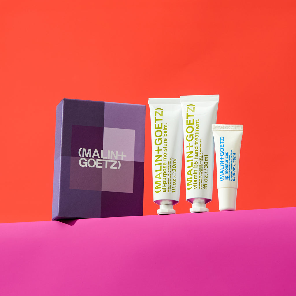 holiday hydration trio gift set. includes all-purpose moisture balm. 1 fl. oz. / 30ml, vitamin b5 hand treatment. 1 fl. oz. / 30 ml, and lip moisturizer. 0.3 fl. oz. / 10 ml