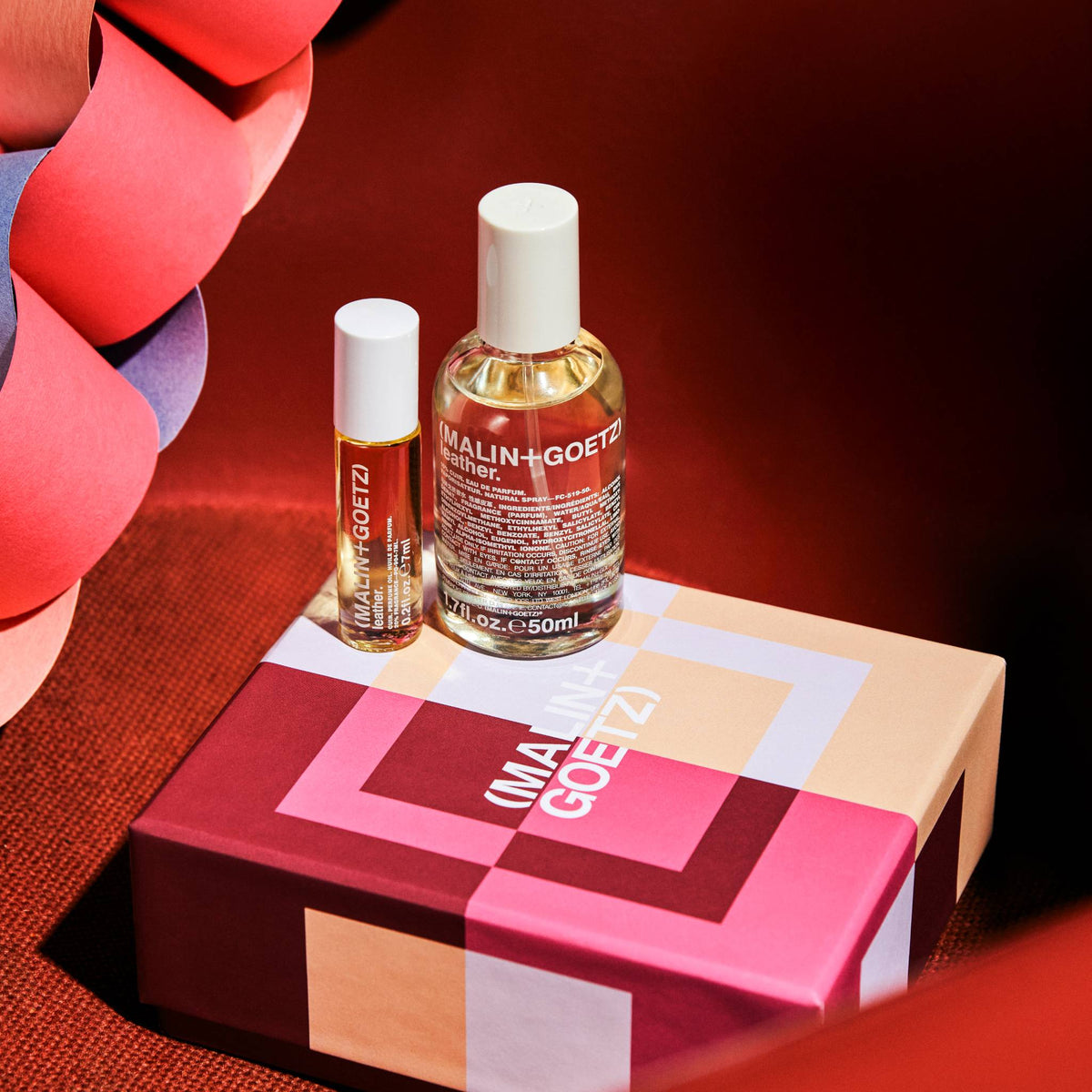 layers of leather gift set includes leather eau de parfum. 1.7 fl. oz.  / 50ml and leather perfume oil. 0.2 fl. oz. / 7ml