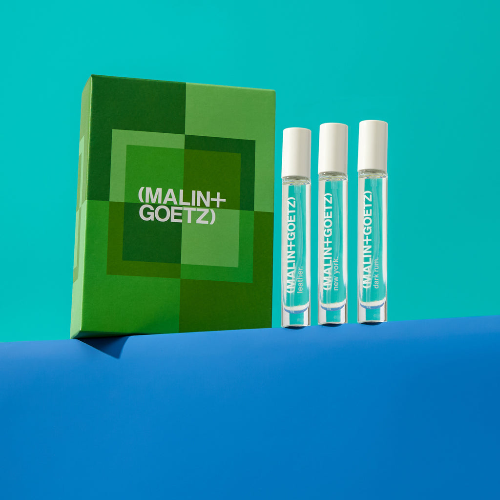 naughty, nice and neat holiday set includes leather eau de parfum. 0.33 fl. oz. / 10ml, grass eau de parfum. 0.33 fl. oz. / 10ml, dark rum eau de parfum. 0.33 fl. oz. / 10ml