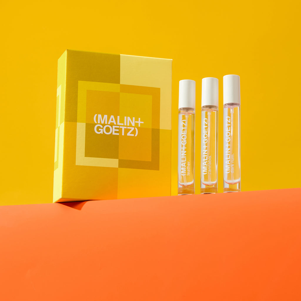 naughty, nice and neat holiday set includes leather eau de parfum. 0.33 fl. oz. / 10ml, cannabis eau de parfum. 0.33 fl. oz. / 10ml, dark rum eau de parfum. 0.33 fl. oz. / 10ml
